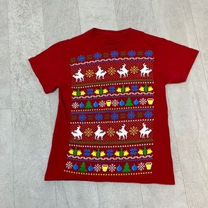 Spencer’s T-shirt Sz S Red Ugly Christmas Sweater Print Humping Reindeer Beer